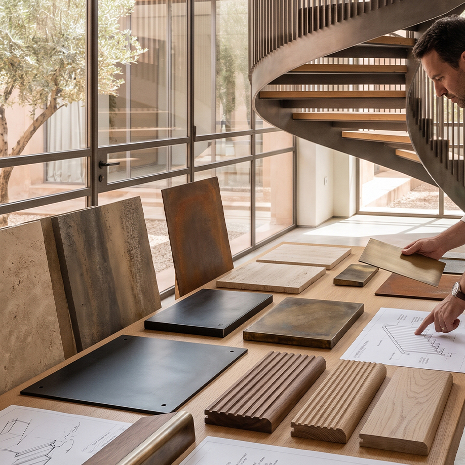 Sélection d’échantillons de métal, bois et finitions pour la conception d’un escalier sur mesure