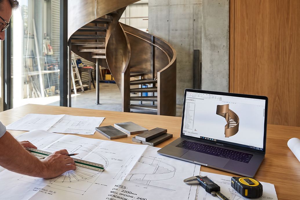 Étude des dimensions d’un escalier hélicoïdal sur mesure avec plans techniques, cotations et modélisation 3D
