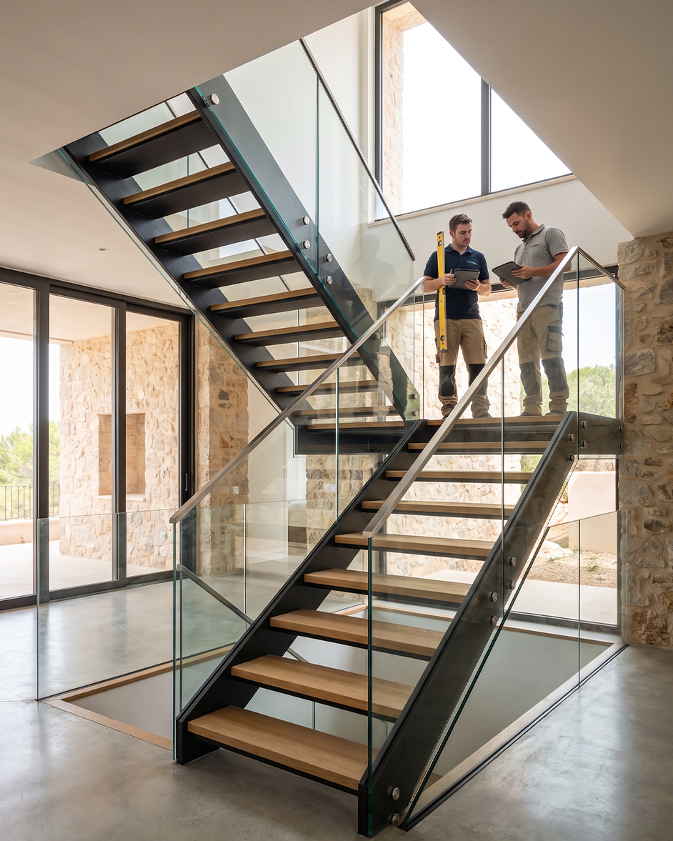 Escalier sur mesure avec structure en acier, marches en bois et garde-corps en verre dans une villa contemporaine