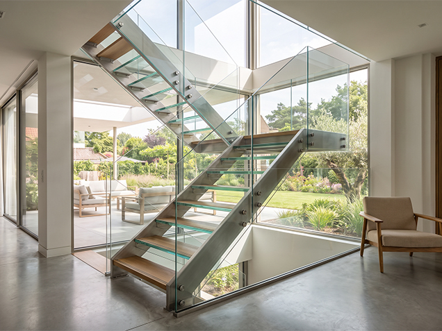 Escalier sur mesure avec structure en acier, marches en bois et garde-corps en verre transparent dans une villa sur jardin