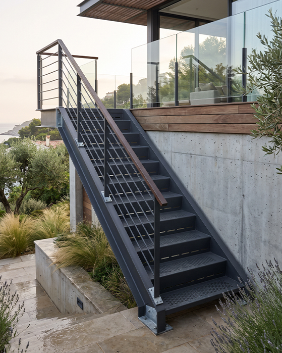 Escalier sur mesure en acier noir avec garde-corps en verre dans une villa donnant sur le jardin