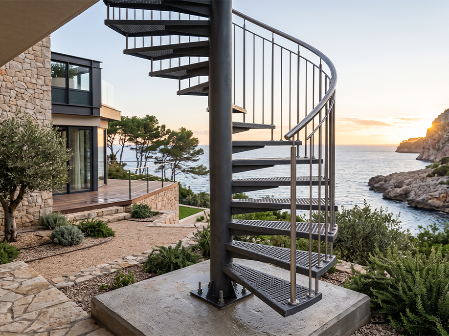 Escalier colimaçon métallique extérieur avec noyau central, marches ajourées et garde-corps dans un environnement côtier