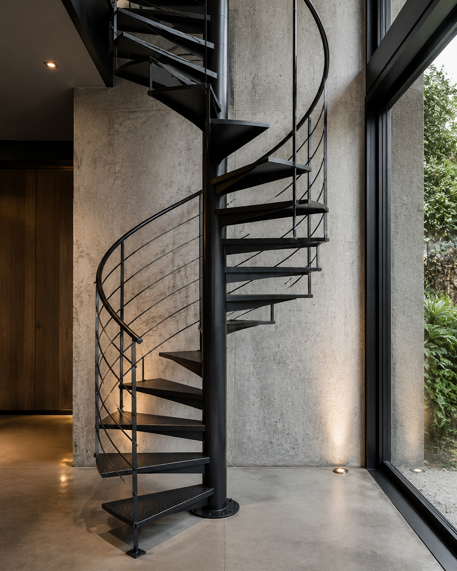 Escalier colimaçon métallique noir sur mesure avec marches rayonnantes et noyau central dans un intérieur contemporain