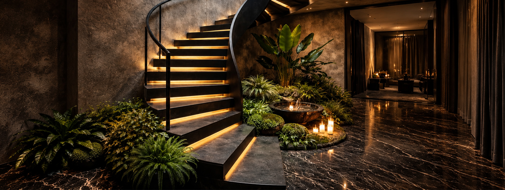 Escalier tournant métallique sur mesure avec marches sombres et éclairage intégré dans un intérieur haut de gamme