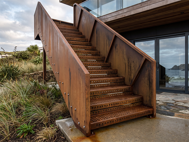 Escalier extérieur sur mesure en acier Corten avec marches métalliques perforées dans une villa en environnement côtier