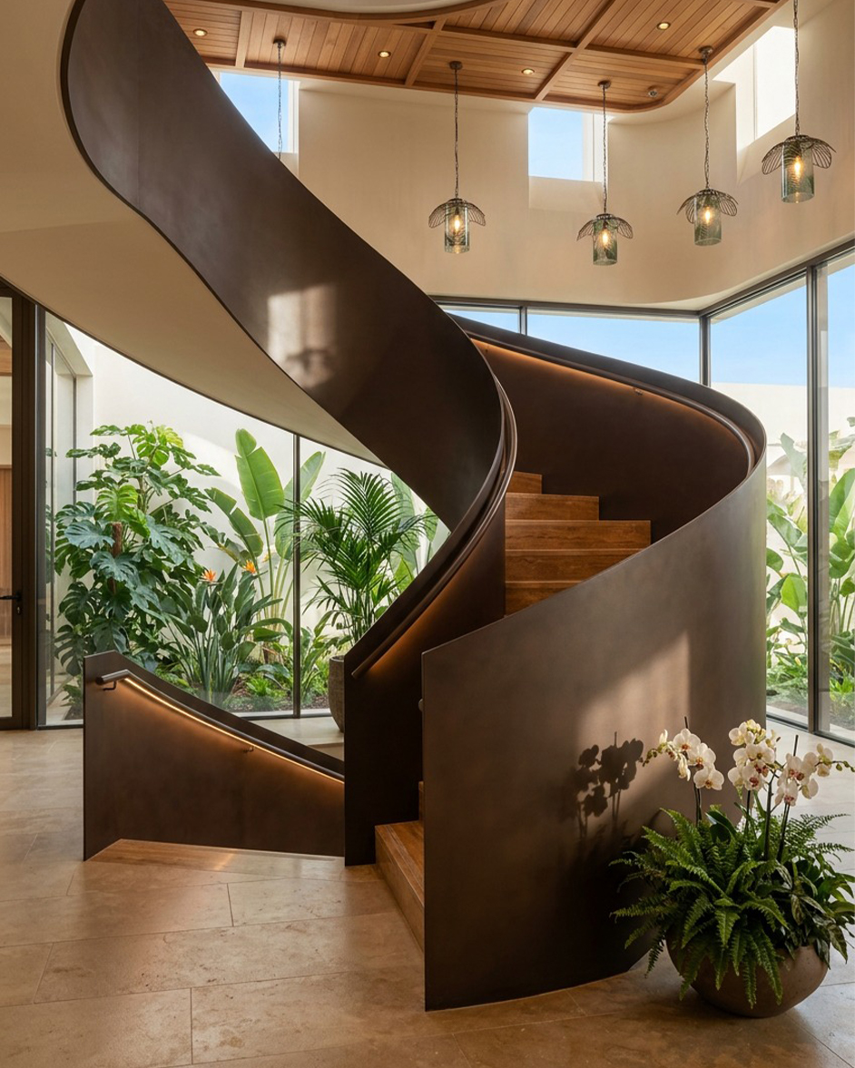 Escalier hélicoïdal sur mesure avec structure métallique courbe et marches en bois dans un intérieur contemporain lumineux