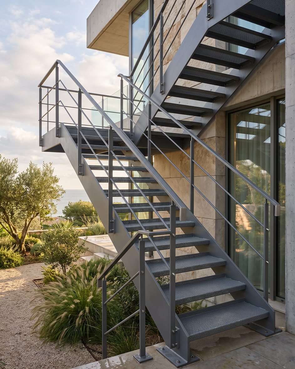 Escalier métallique extérieur sur mesure avec marches ajourées, garde-corps et structure en acier fixé à une villa contemporaine