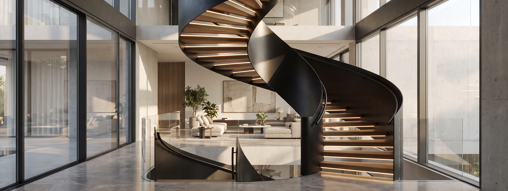 Escalier hélicoïdal sur mesure en acier noir avec marches en bois, éclairage intégré et garde-corps en verre dans une villa moderne