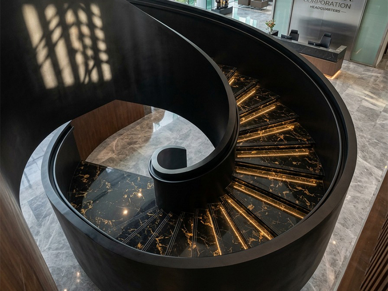 Escalier hélicoïdal sur mesure avec structure métallique noire et marches en pierre sombre dans un intérieur haut de gamme