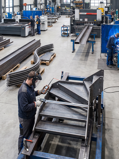 Fabrication en atelier d’un escalier métallique sur mesure avec contrôle des dimensions de la structure en acier