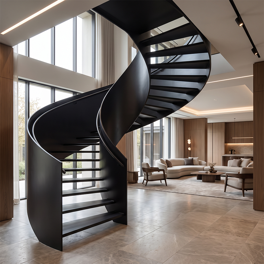 Escalier hélicoïdal sur mesure en acier noir à finition mate avec limons courbes dans un intérieur contemporain