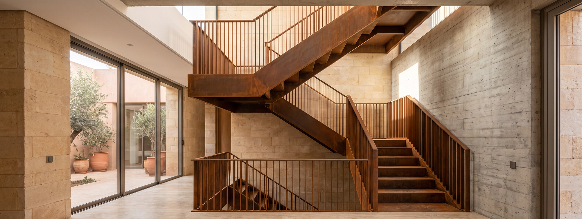 Escalier métallique sur mesure à plusieurs volées avec finition brun patiné et garde-corps verticaux dans un intérieur contemporain