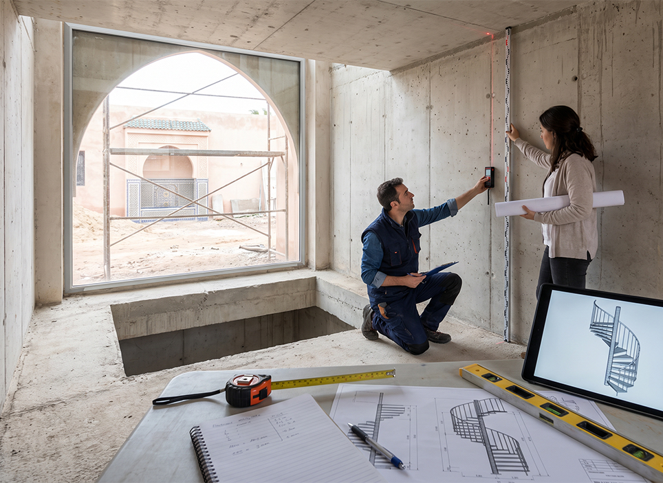 Relevé des dimensions sur chantier pour la conception d’un escalier sur mesure avec laser, plans techniques et modélisation 3D