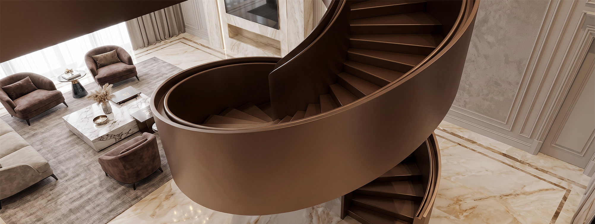 Escalier métallique courbe sur mesure à finition brun bronze vu en plongée dans un intérieur haut de gamme